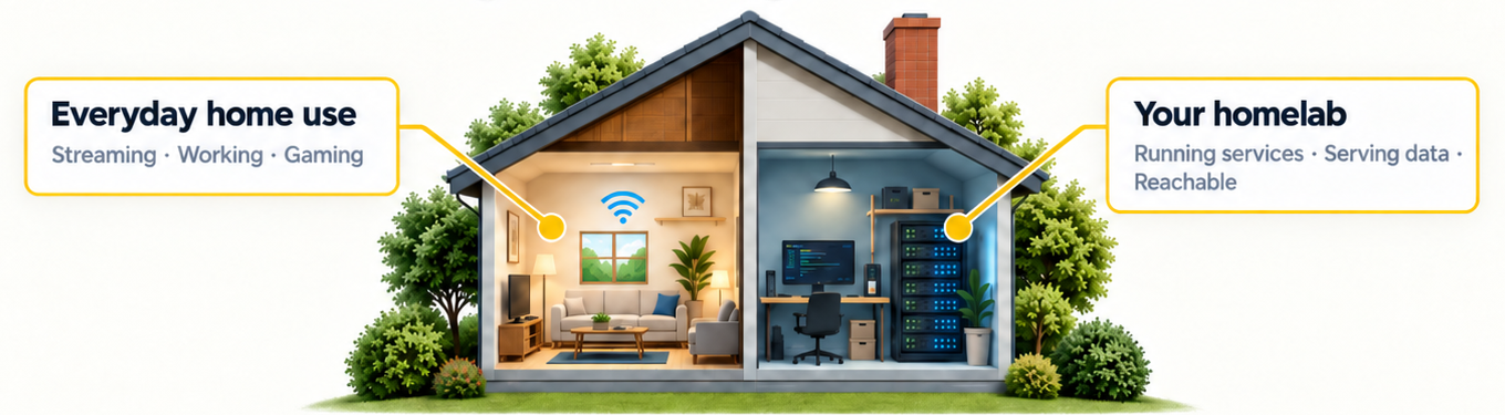 Split-house illustration. Everyday home use: streaming, working and gaming. Your homelab: running services, serving data and remaining reachable.